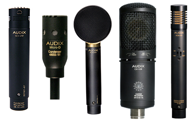 Audix condenser microphones (left to right: SCX1, MicroD, SCX25, CX112B, ADX51)