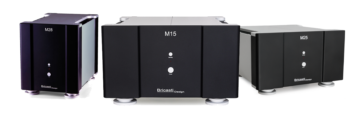 Bricast's range of HiFi power amplifiers (from left to right): M28, M15 and M25