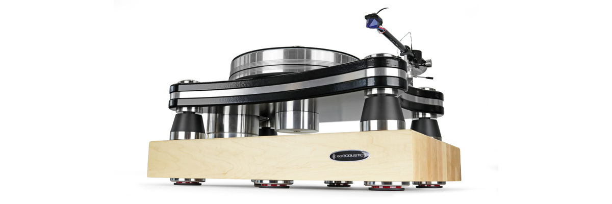 Turntable shown in profile isolated with the IsoAcoustics DELOS in Maple