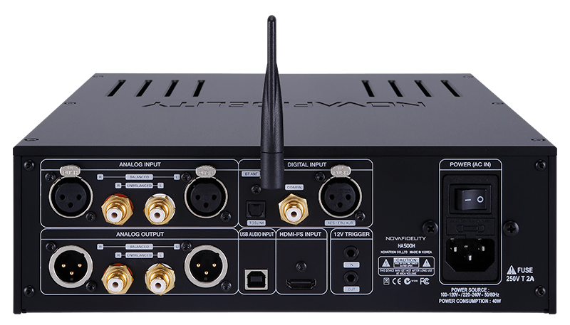 Novafidelity's HA500H headphone amplifier back panel featuring a comprehensive array of digital and analogue inputs and outputs