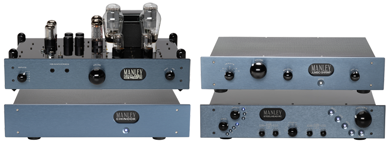 Manley preamps (clockwise top-left): NeoClassic 300B, Jumbo Shrimp, Steelhead RC, Chinook